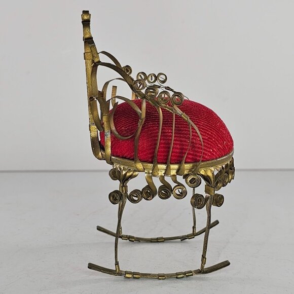 Vintage Pin Cushion Rocking Chair Red Tin Can Folk Tramp Art Dollhouse Kitsch - Picture 3 of 8
